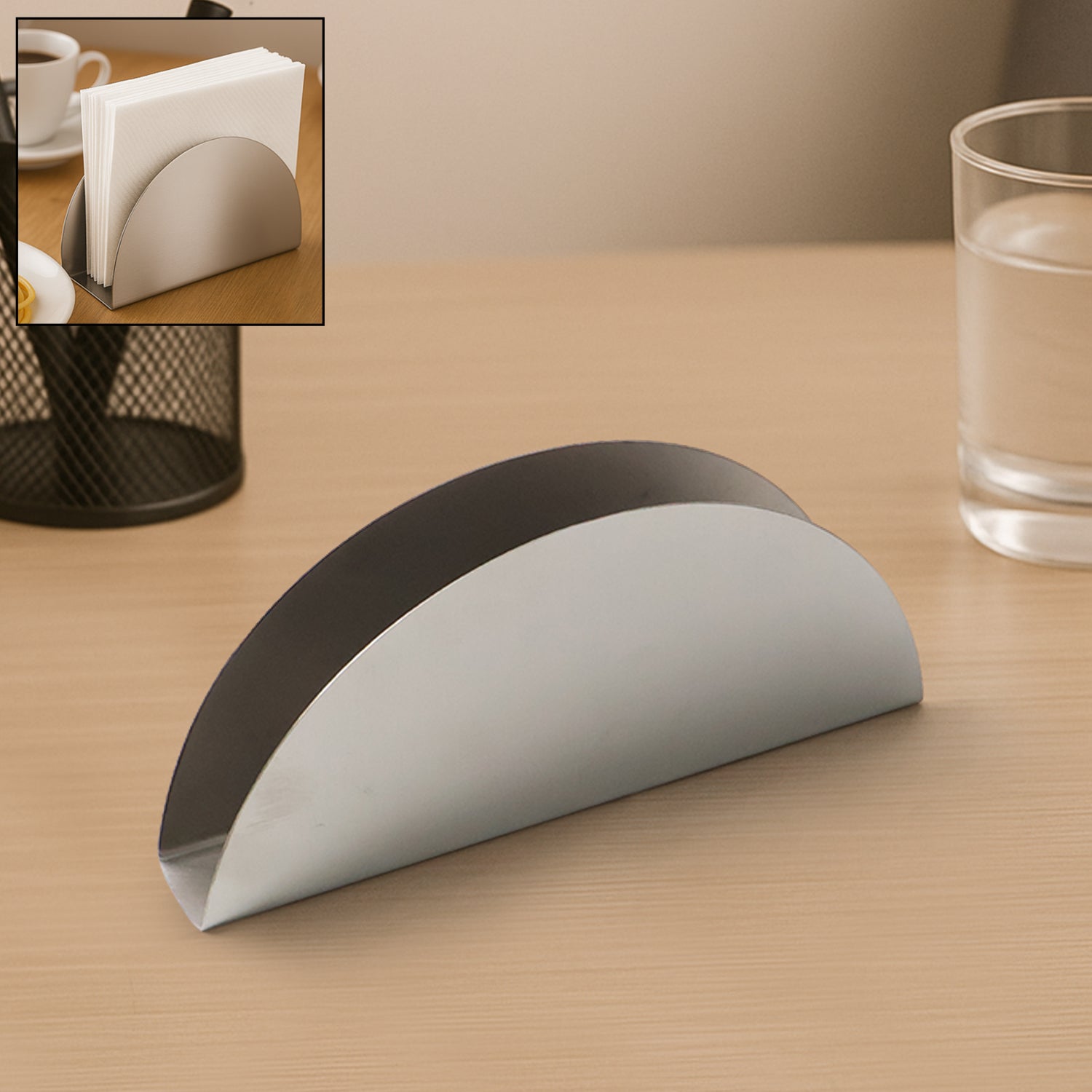 Stainless steel half-moon tissue paper napkin holder stand by Wukusy, sleek home and kitchen accessory for organizing napkins.