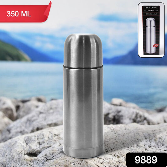 Stainless steel Wukusy hot and cold water bottle with push-down lid, 350ml, in a home and kitchen setting.