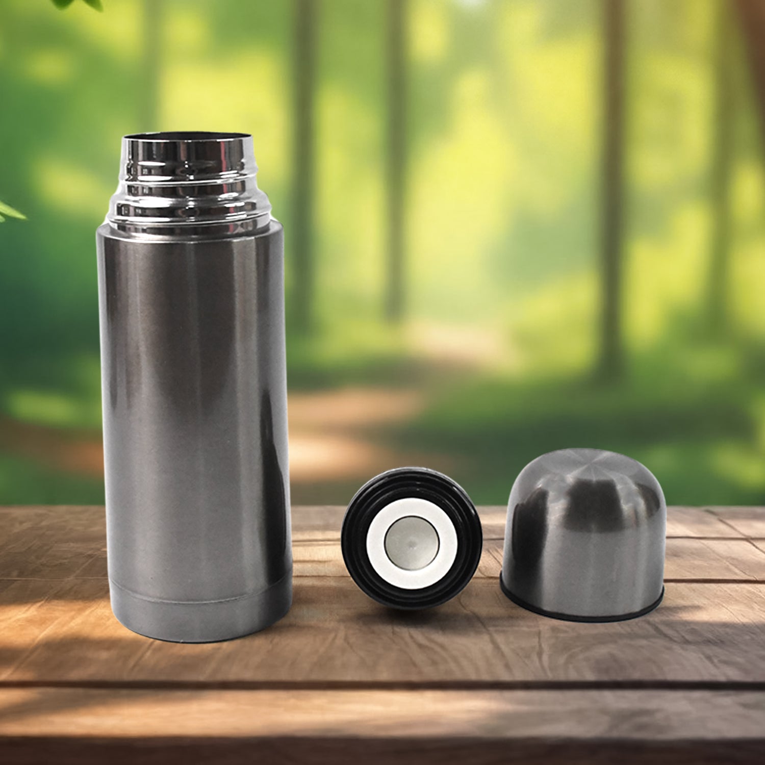 Stainless steel Wukusy hot and cold water bottle with push-down lid, 350ml, in a sleek silver finish for home and kitchen use.
