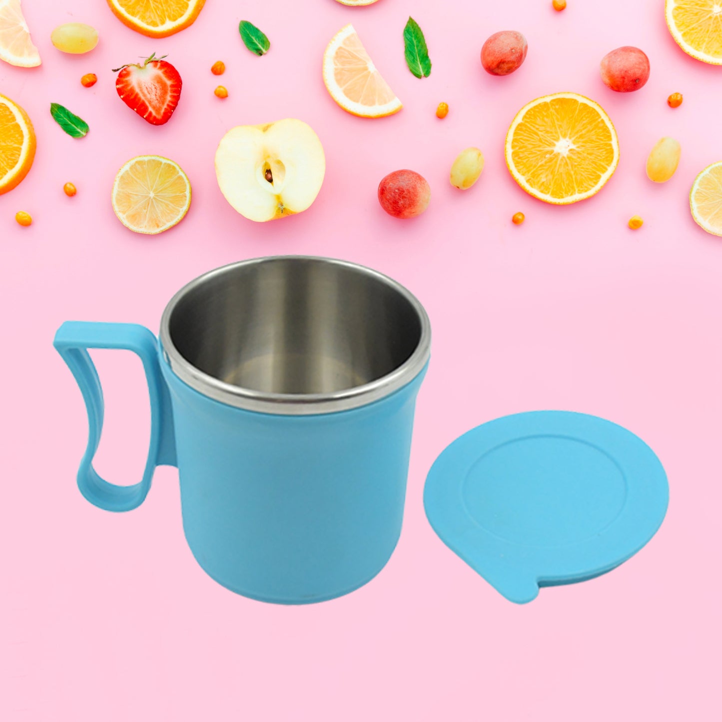 Stainless steel insulated coffee mug with lid, double wall design, 250-300ml capacity, in mixed colors, ideal for hot beverages.