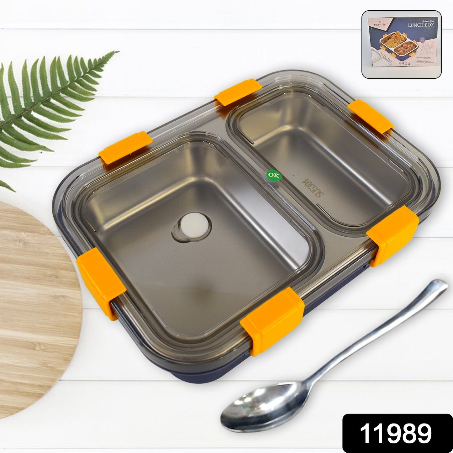 Stainless steel Wukusy 2-section lunch box with spoon, durable home and kitchen food container for lunch storage.