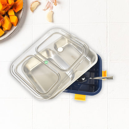 Stainless steel Wukusy lunch box with two compartments and a spoon, ideal for home and kitchen use.