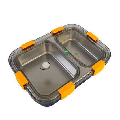 Stainless steel Wukusy lunch box with two compartments and a spoon, ideal for storing meals at home or on the go.