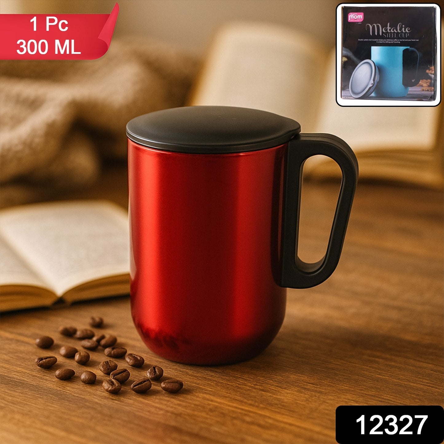 Stainless steel metallic coffee mug from Wukusy with a 300ml capacity, ideal for home and kitchen use.