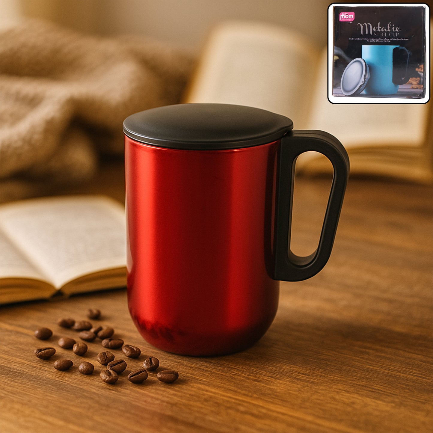 Stainless steel Wukusy metallic coffee mug, 300ml capacity, with a sleek design, ideal for home and kitchen use.