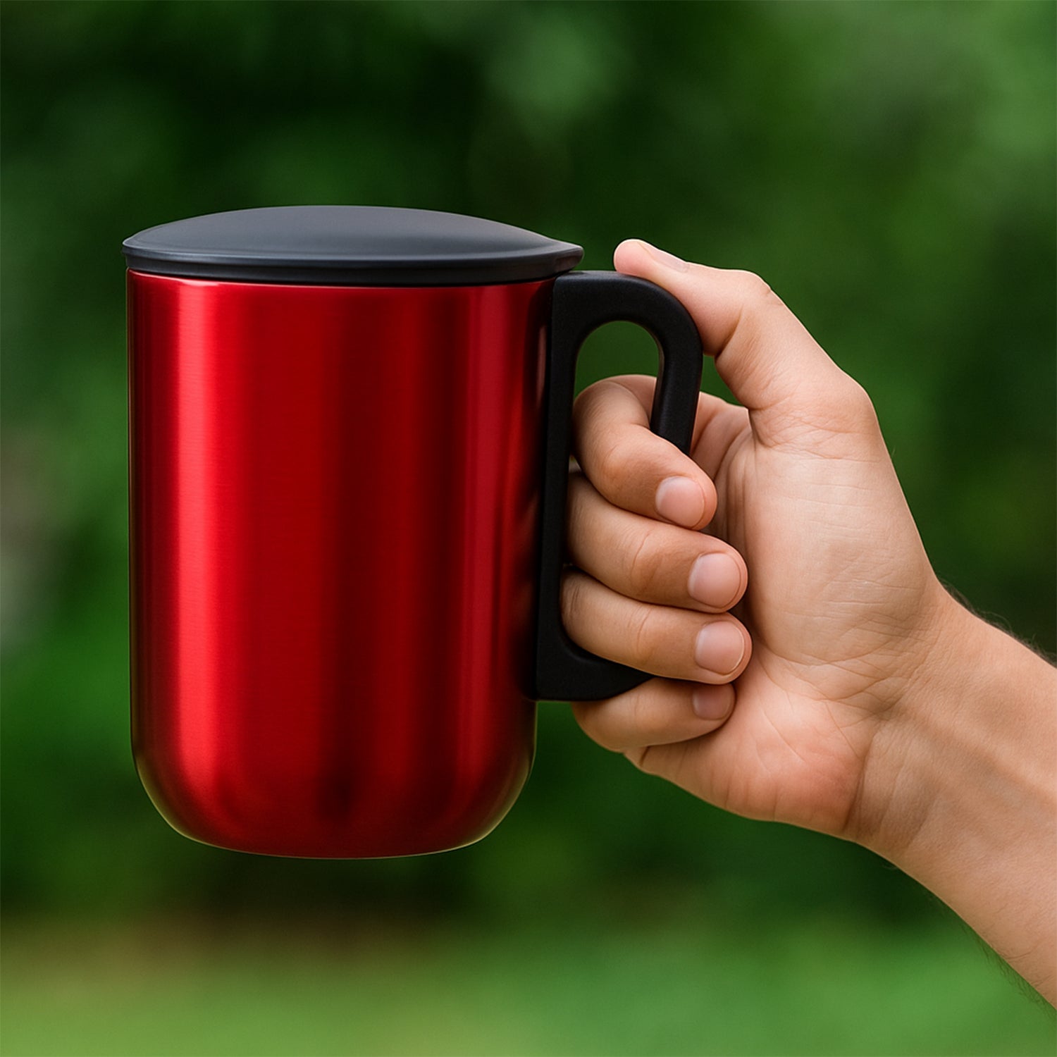 Stainless steel metallic coffee mug with 300ml capacity, Wukusy home and kitchen drinkware, close-up view of mug's sleek design