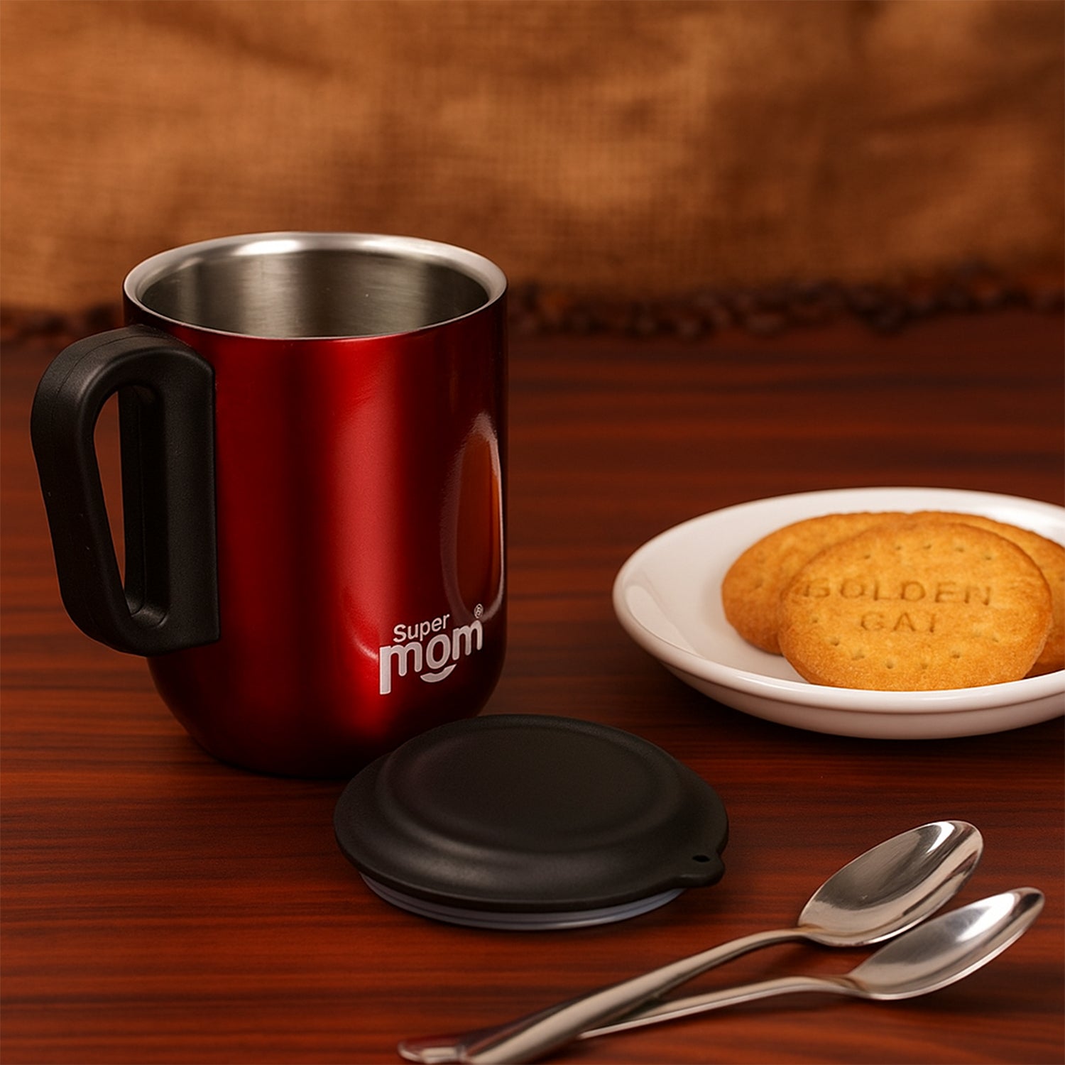 Stainless steel metallic coffee mug from Wukusy, approximately 300ml capacity, ideal for home and kitchen use.