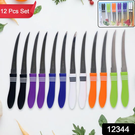 Wukusy 12-piece stainless steel serrated knife set for kitchen, includes various knives with black handles on a wooden block.