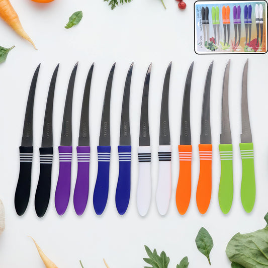 Wukusy 12-piece stainless steel multipurpose serrated knife set with various blades for kitchen tasks, arranged on a wooden countertop.