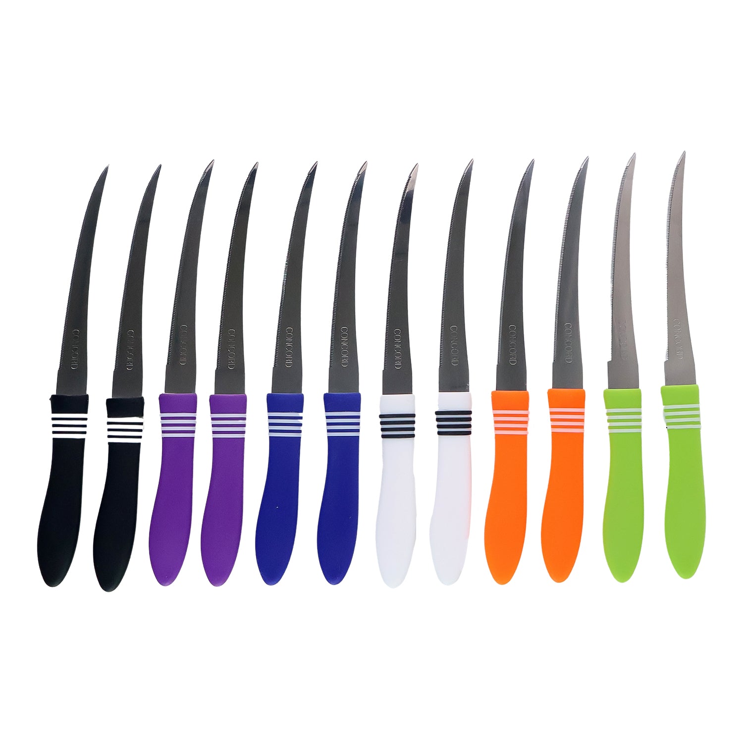 Wukusy 12-piece stainless steel multipurpose serrated knife set for kitchen use, with various sizes and ergonomic handles.
