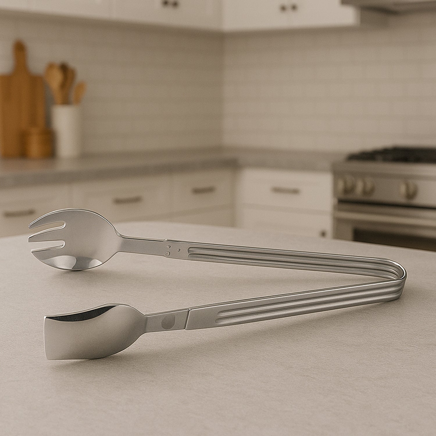 Stainless steel Wukusy 2-in-1 serving tong for pasta and salad, versatile kitchen utensil with ergonomic handles.