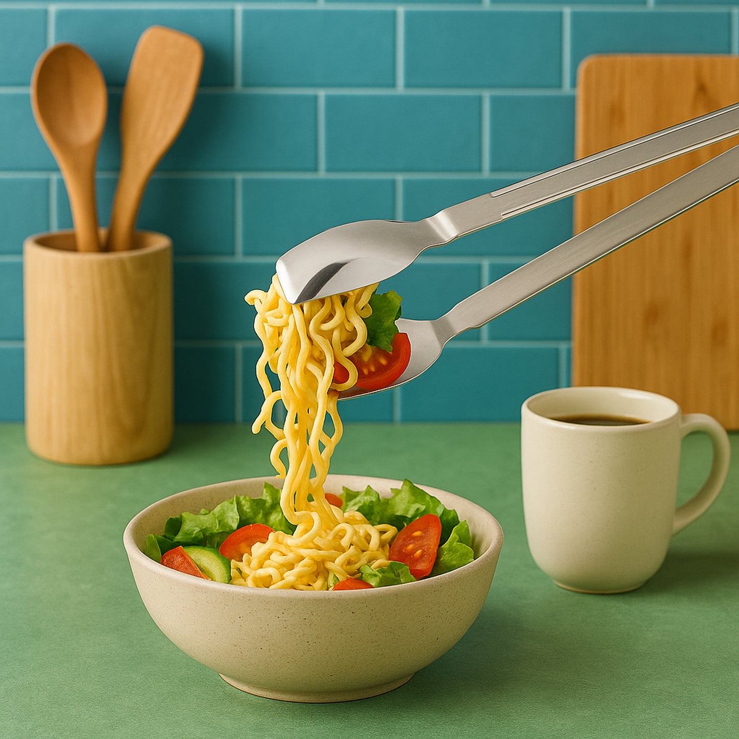 Stainless steel Wukusy 2-in-1 serving tong for pasta and salad, versatile kitchen utensil for serving food easily.