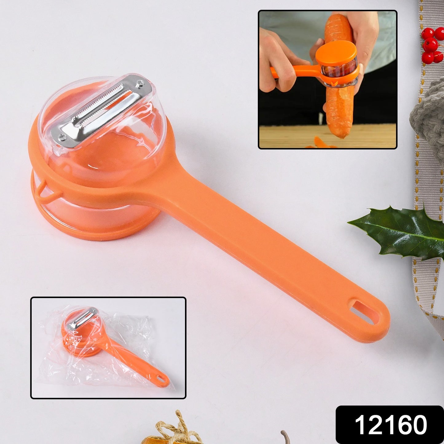 Wukusy stainless steel peeler with attached container for efficient vegetable and fruit peeling in the kitchen.