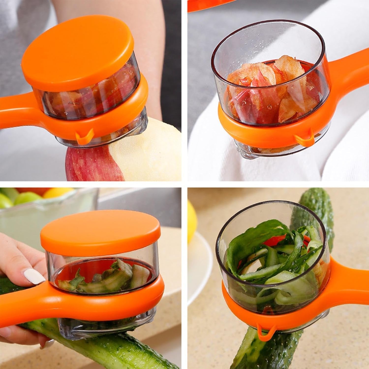 Wukusy stainless steel peeler with integrated container for peeling and collecting produce in a home kitchen setting.