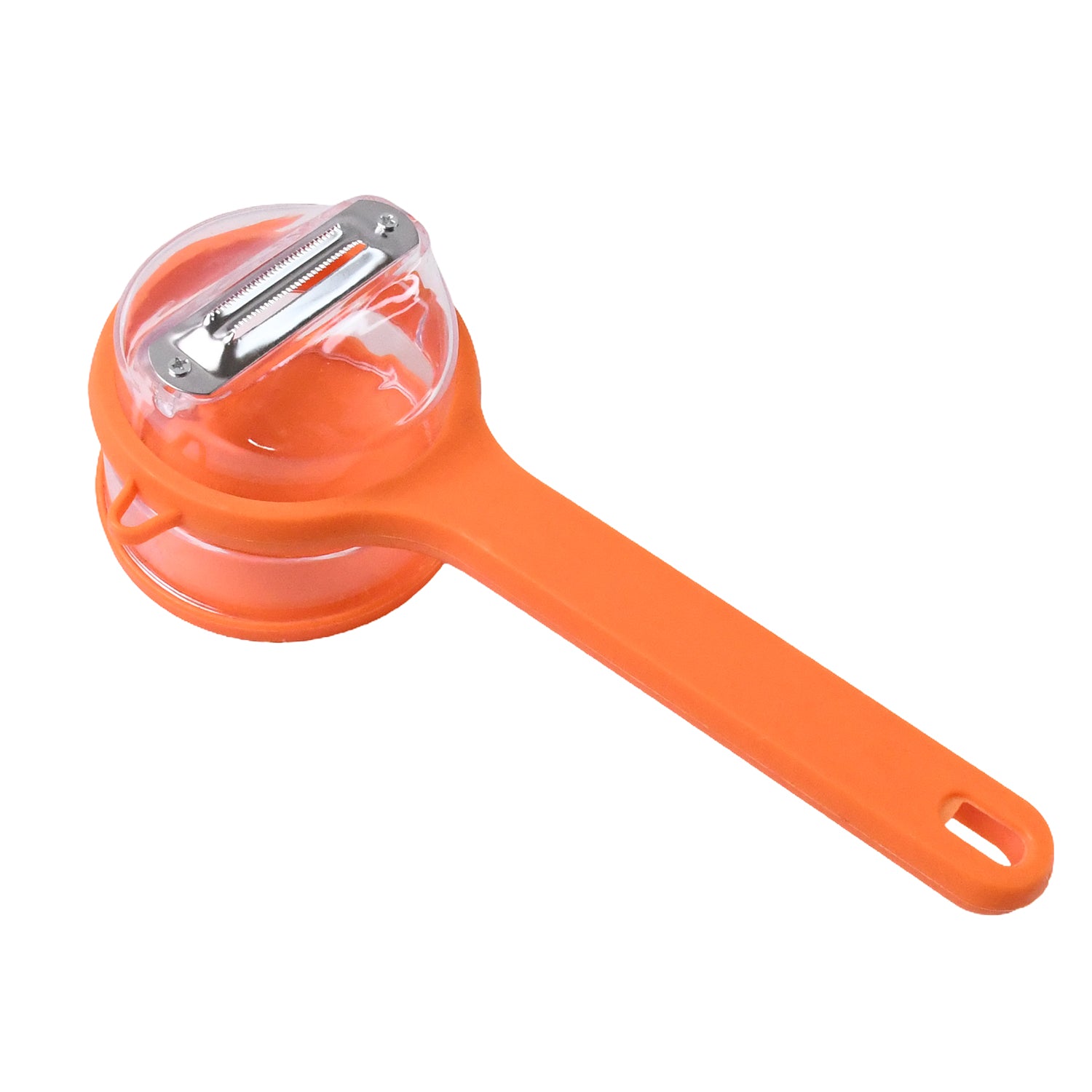 Wukusy stainless steel vegetable peeler with attached container for easy peeling and storage in a home kitchen setting.