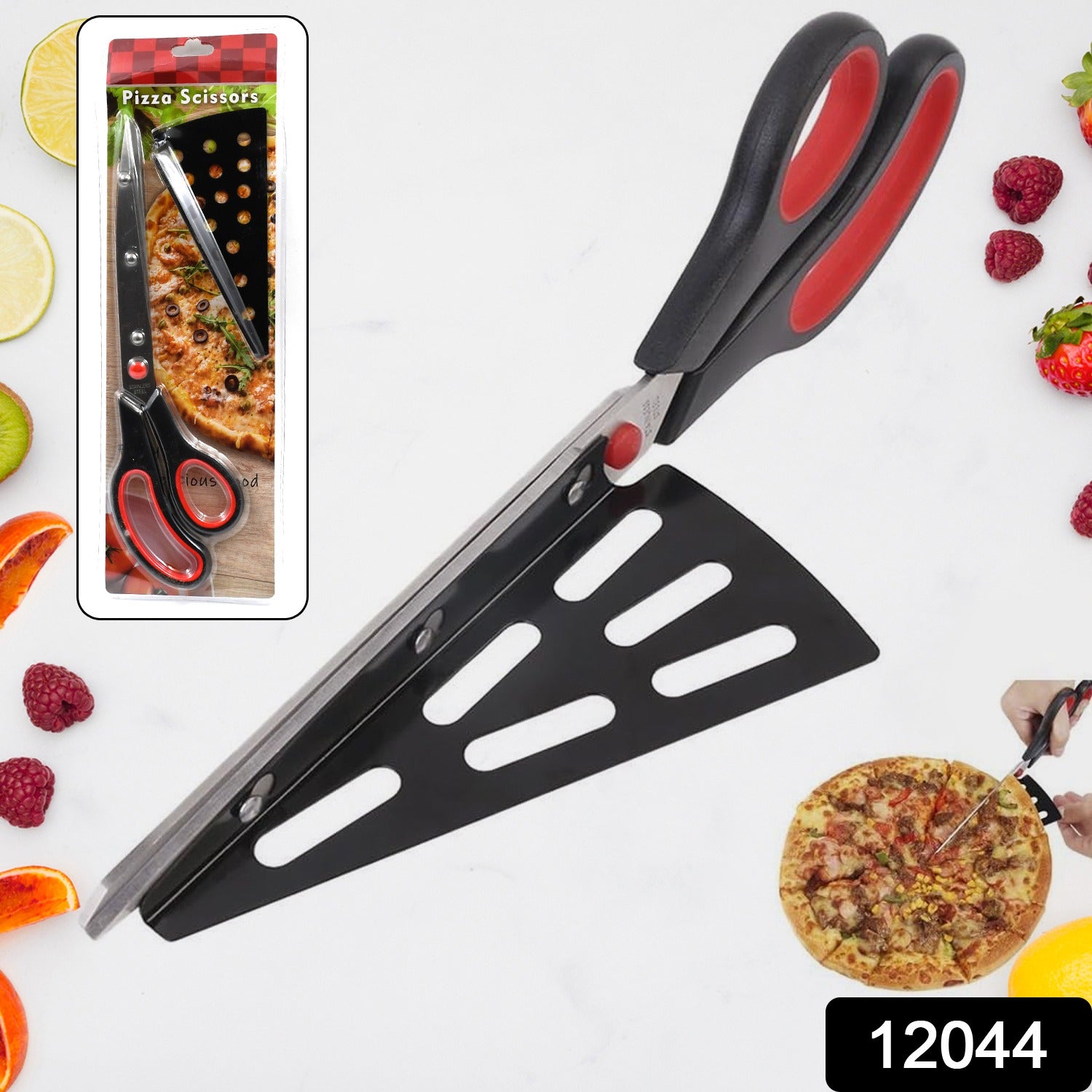 Wukusy stainless steel pizza cutter scissors with plastic handle and removable spatula for easy pizza slicing and serving.