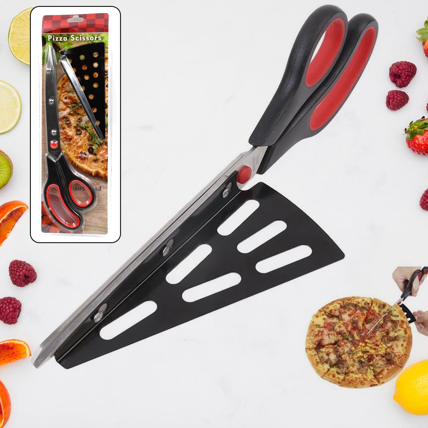 Wukusy stainless steel pizza cutter scissors with plastic handle and removable spatula for easy pizza slicing and serving.