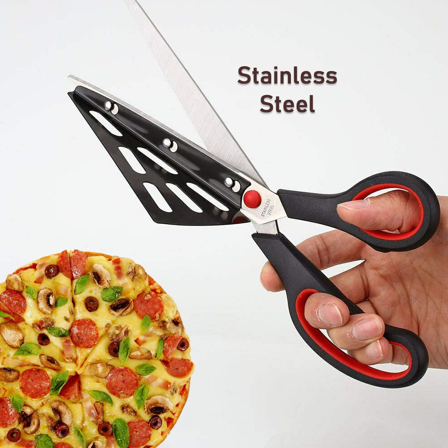 Wukusy stainless steel pizza cutter scissors with plastic handle and removable spatula for easy pizza slicing and serving.