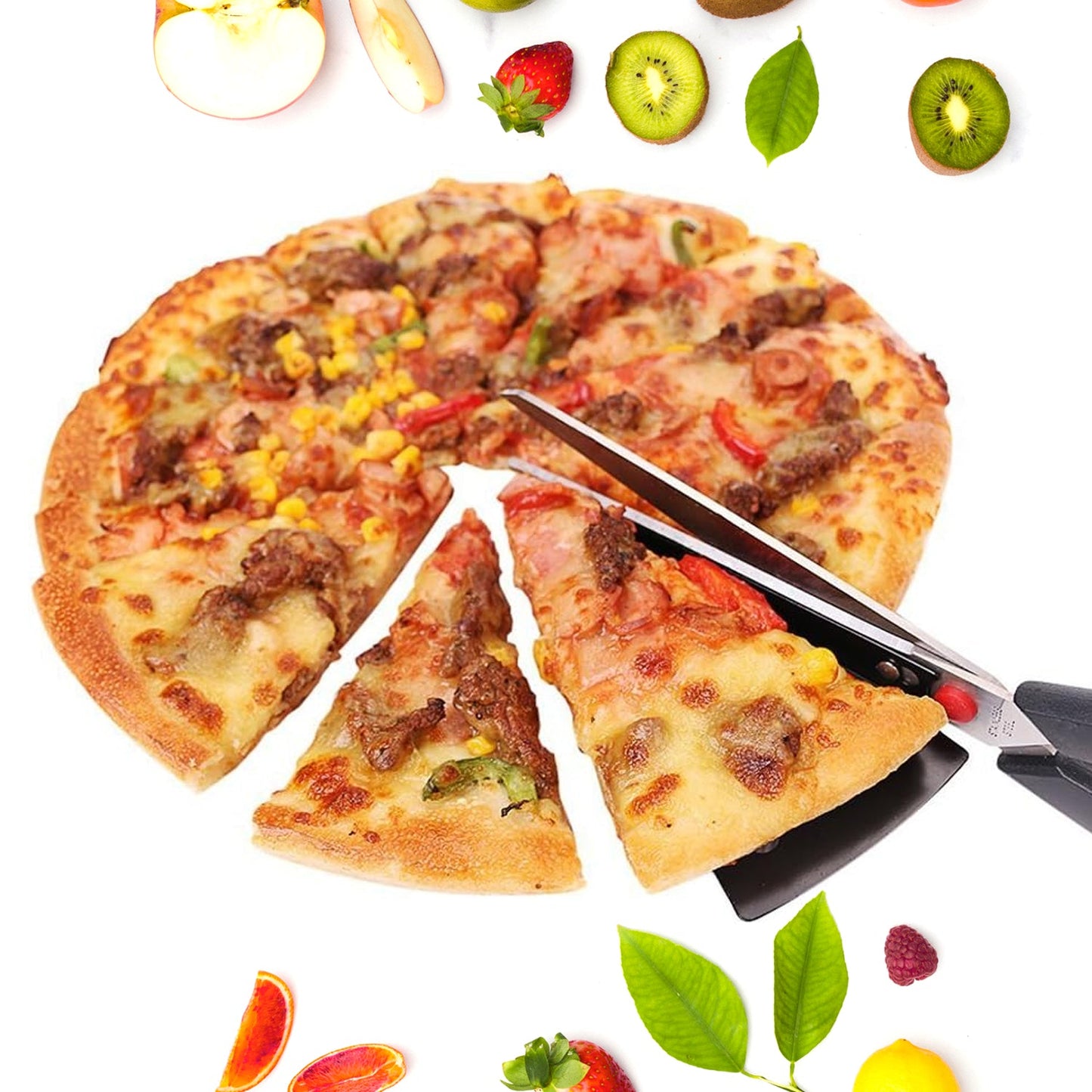 Wukusy stainless steel pizza cutter scissors with plastic handle and removable spatula, designed for easy pizza slicing in home kitchen.