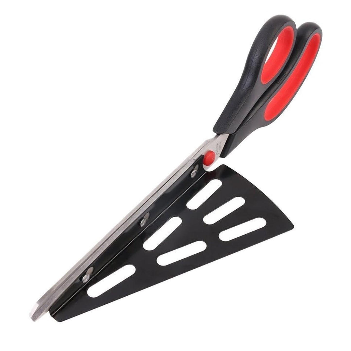 Wukusy stainless steel pizza cutter scissors with plastic handle and removable spatula, ideal for home kitchen pizza slicing.