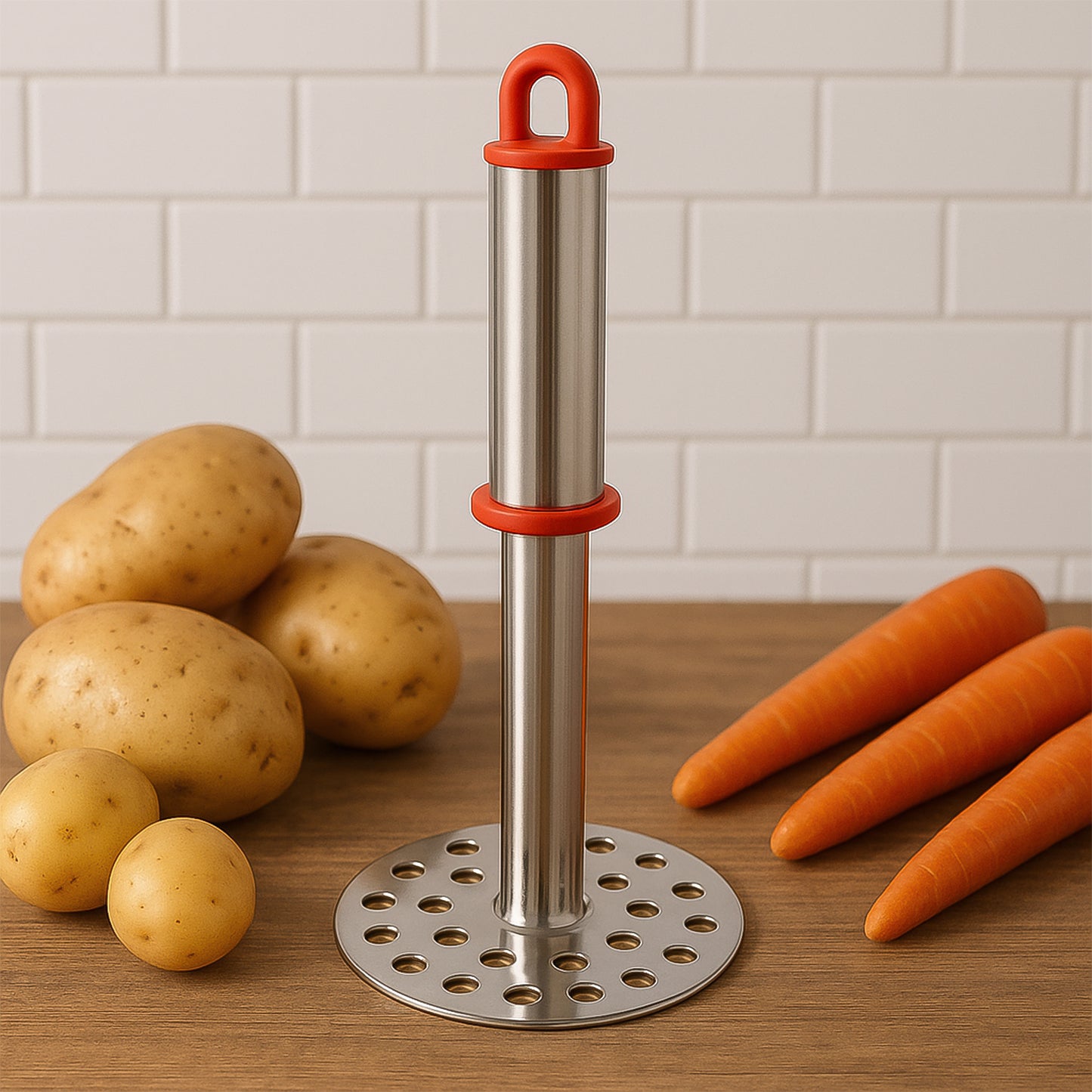 Wukusy stainless steel potato masher with ergonomic handle, 17cm, ideal for home and kitchen use.