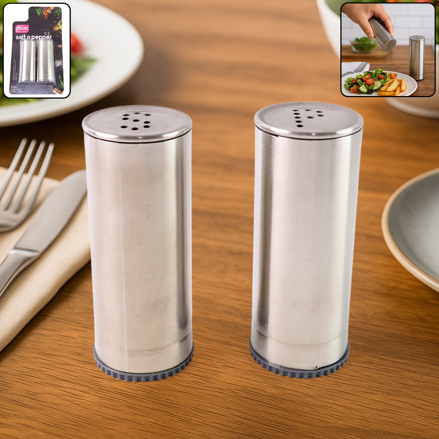 Stainless steel salt and pepper shaker set by Wukusy, 2-piece kitchen condiment shakers on a clean countertop.