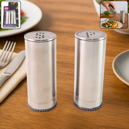 Stainless steel salt and pepper shaker set by Wukusy, 2-piece kitchen condiment shakers on a clean countertop.