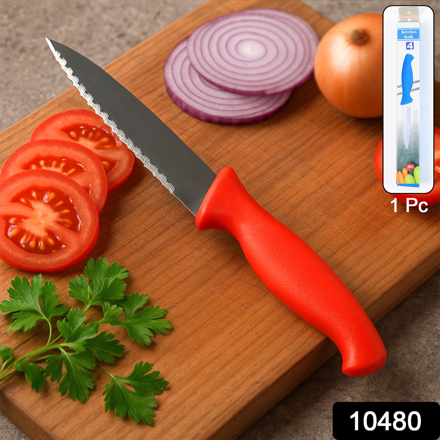 Wukusy stainless steel serrated kitchen knife with ergonomic handle, ideal for slicing bread and cooked foods in a home kitchen.