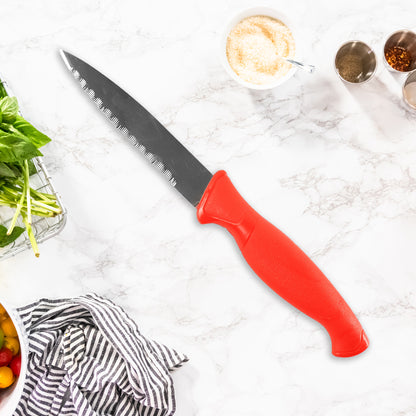 Wukusy stainless steel serrated kitchen knife for slicing bread and tomatoes, with ergonomic handle and sharp serrated blade.