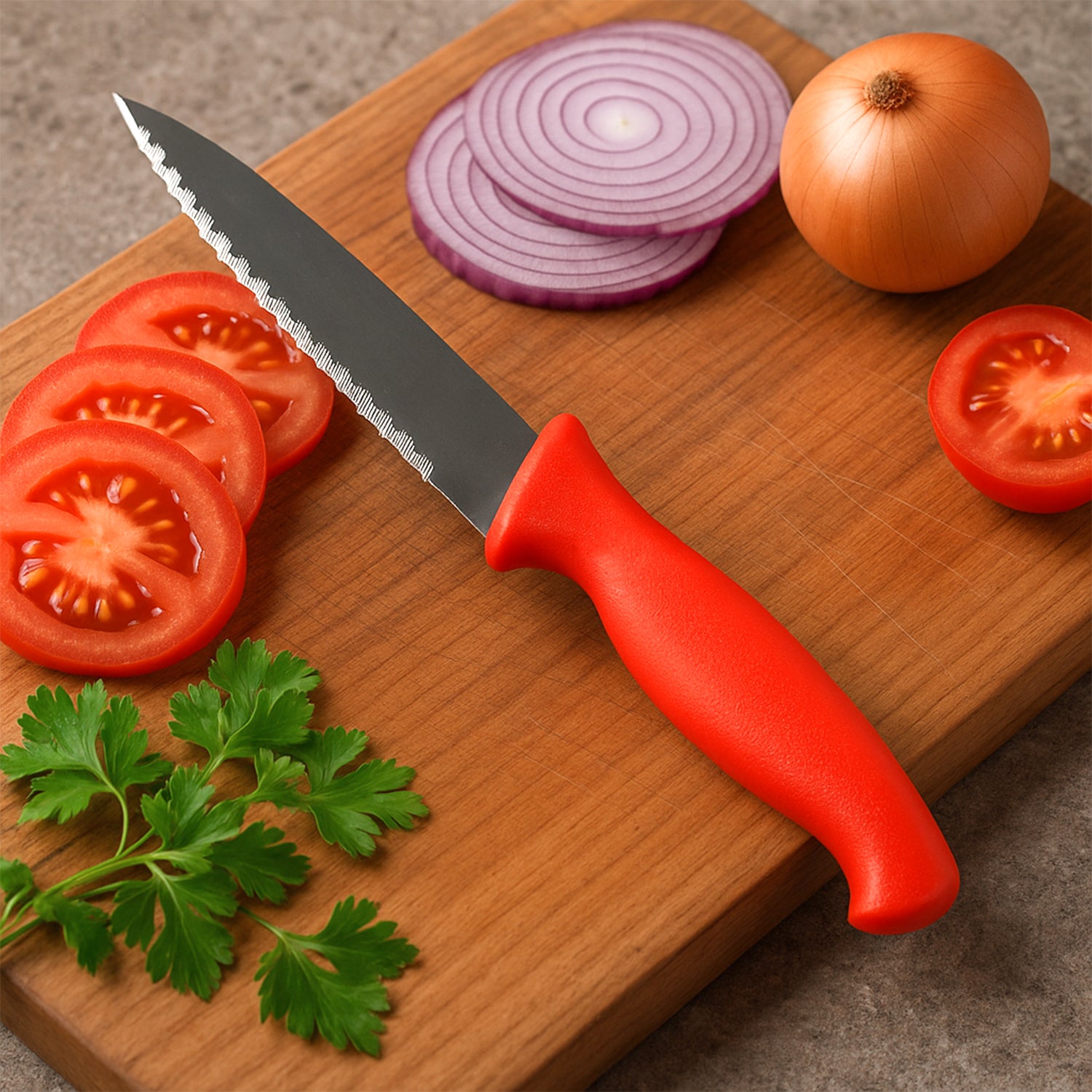 Wukusy stainless steel serrated kitchen knife, 1-piece, with a textured handle and sharp serrated blade for slicing bread and meats