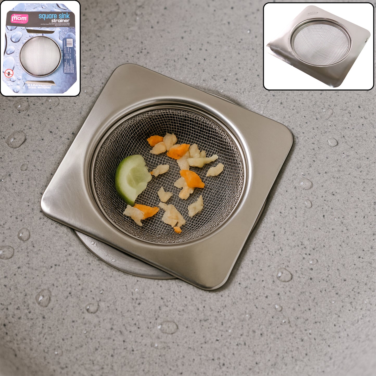 Stainless steel square sink strainer by Wukusy, designed to catch debris and prevent clogs in kitchen sinks.