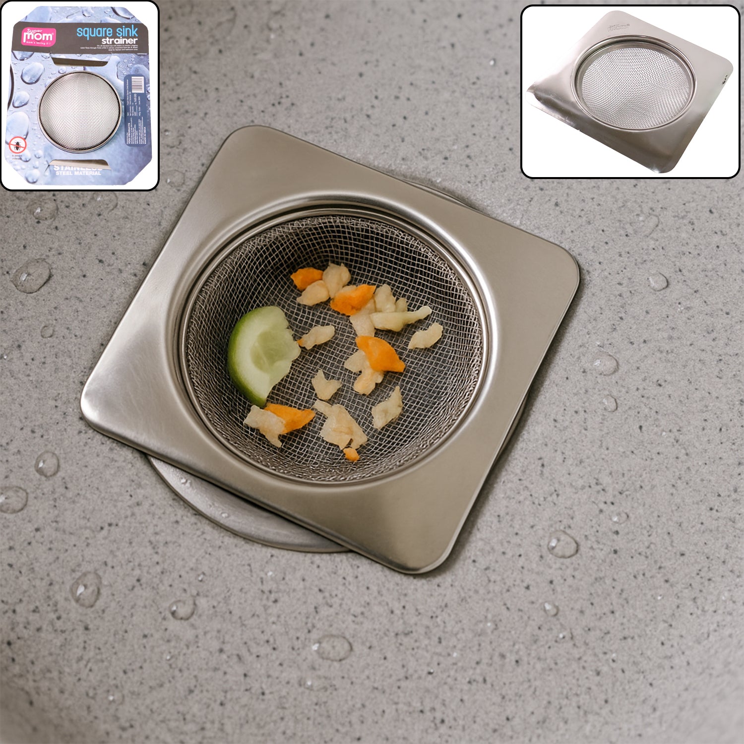 Stainless steel square sink strainer by Wukusy, designed to catch debris and prevent clogs in kitchen sinks.