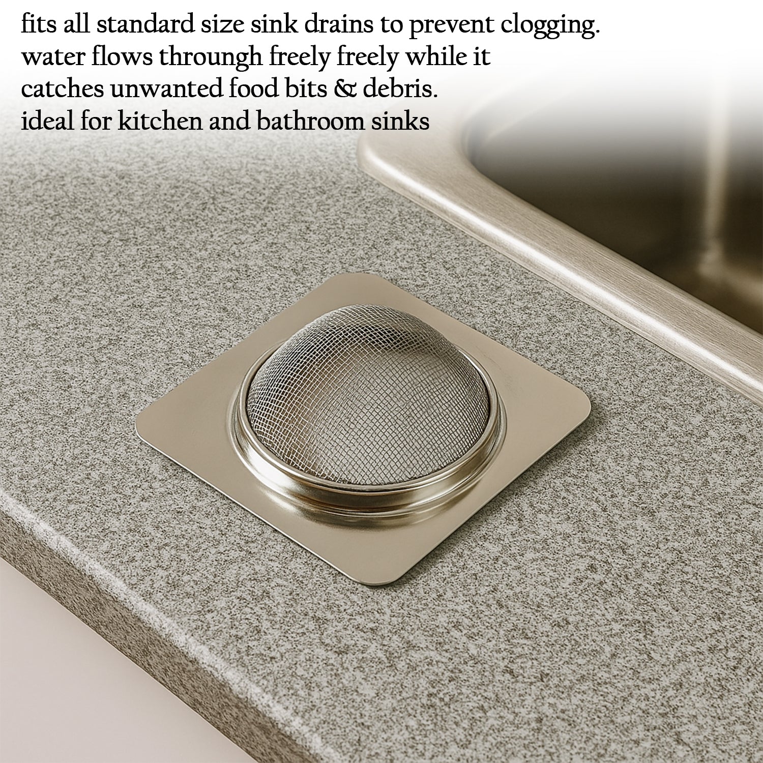 Stainless steel square sink strainer for kitchen sinks, Wukusy brand, designed to catch debris and prevent clogs.
