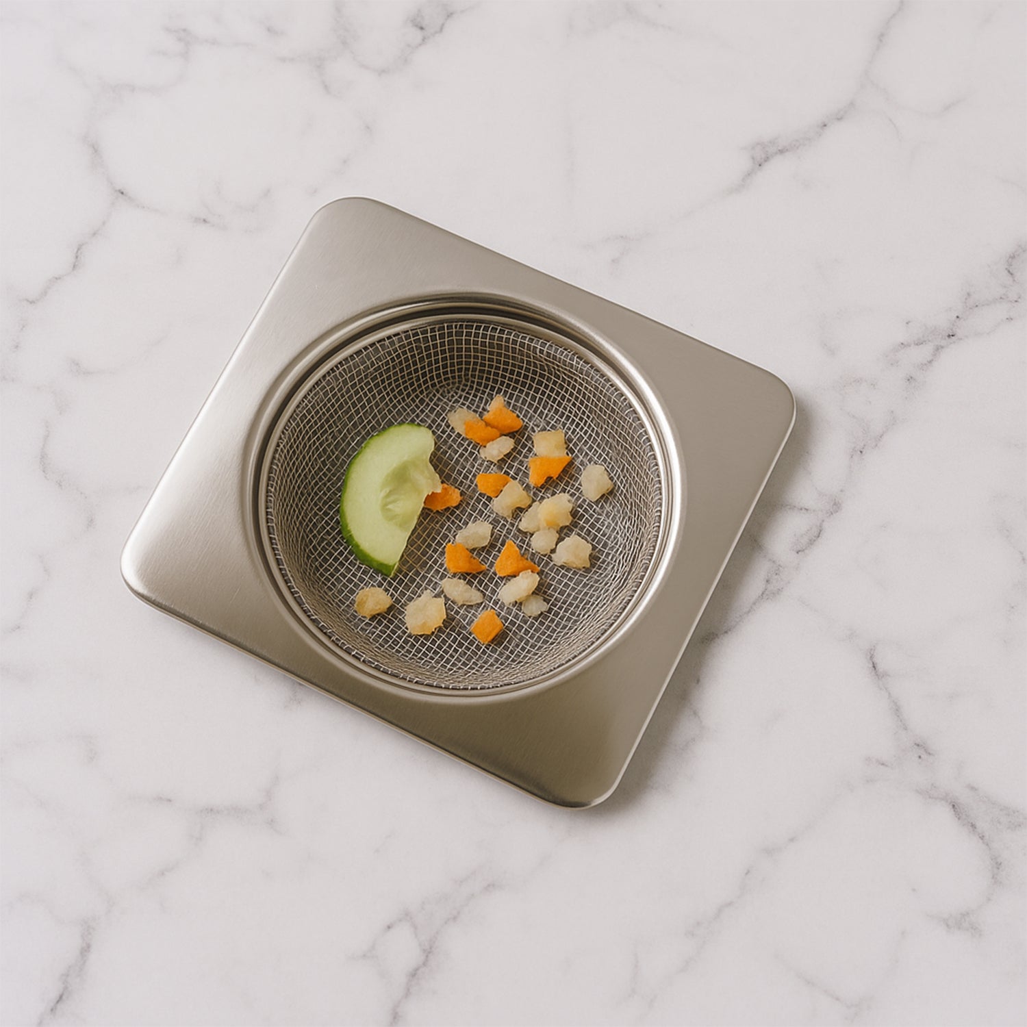 Stainless steel square sink strainer by Wukusy, designed to fit kitchen sinks and catch debris effectively.