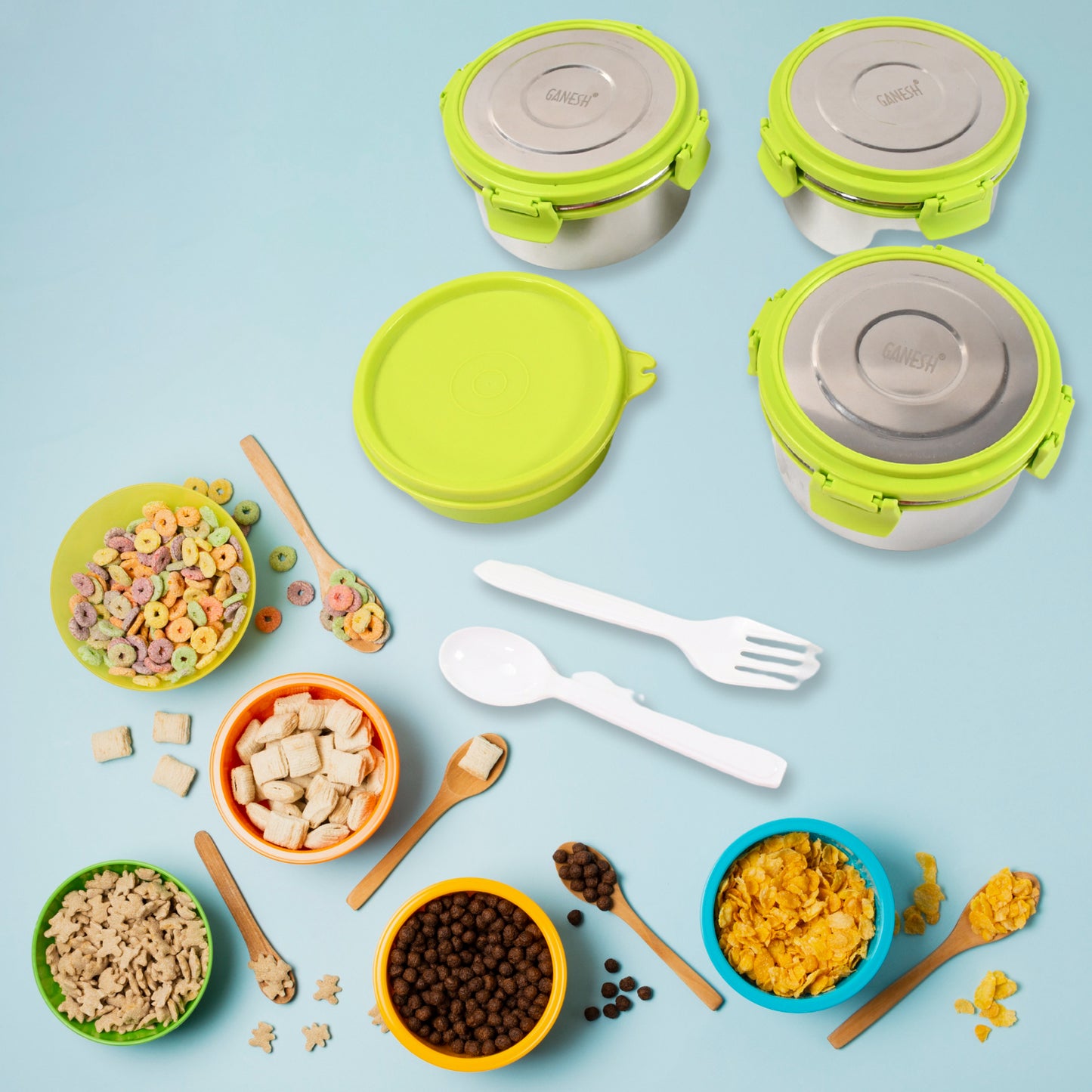 Wukusy stainless steel tiffin lunch box with 4 side clip lock lid, food grade, leak-proof, easy to carry for office or school use.