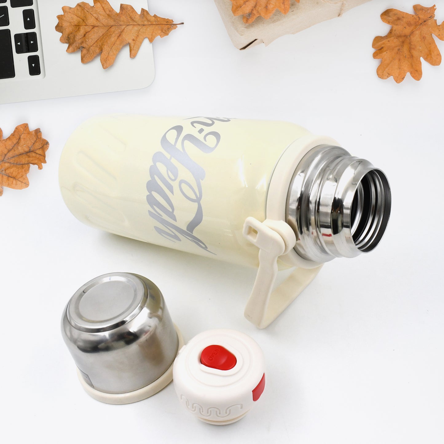 Wukusy stainless steel vacuum insulated water bottle with wide mouth, hanging strap, leak-proof lid, for hot and cold drinks, 900-1200ml