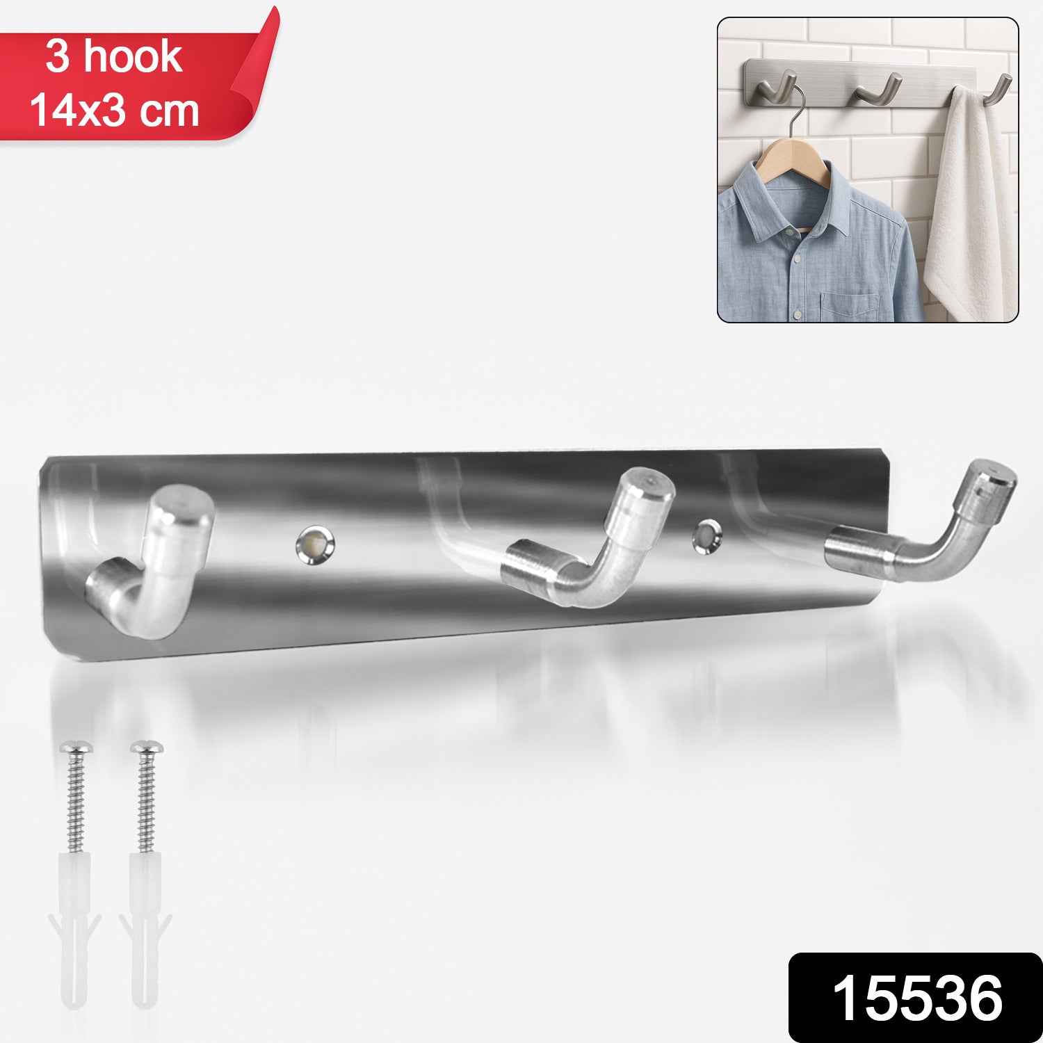 Stainless steel wall-mounted coat rack with 3 hooks, ideal for home or kitchen organization, 14x3 inches, by Wukusy.
