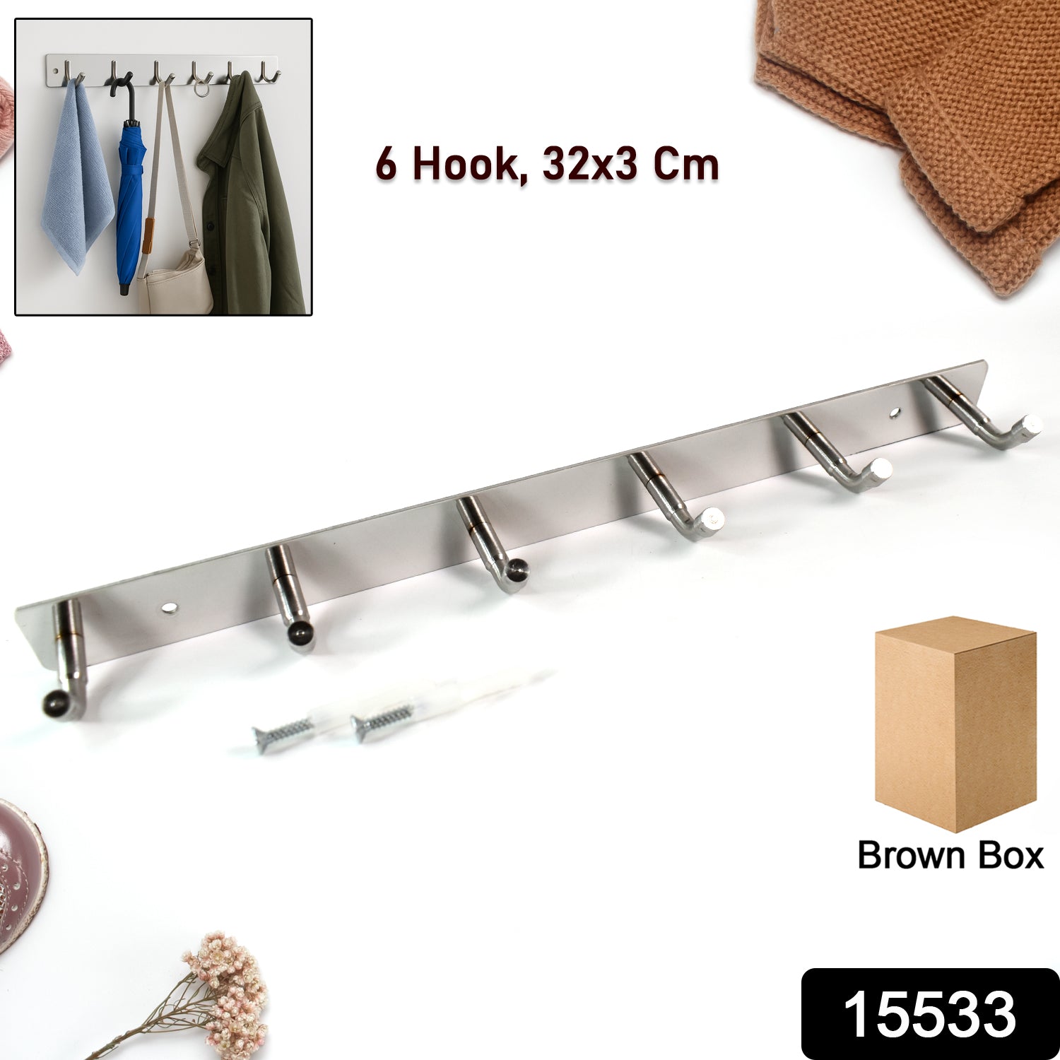 Stainless steel wall-mounted coat hook rack with six hooks, 32x3 inches, ideal for home and kitchen organization.
