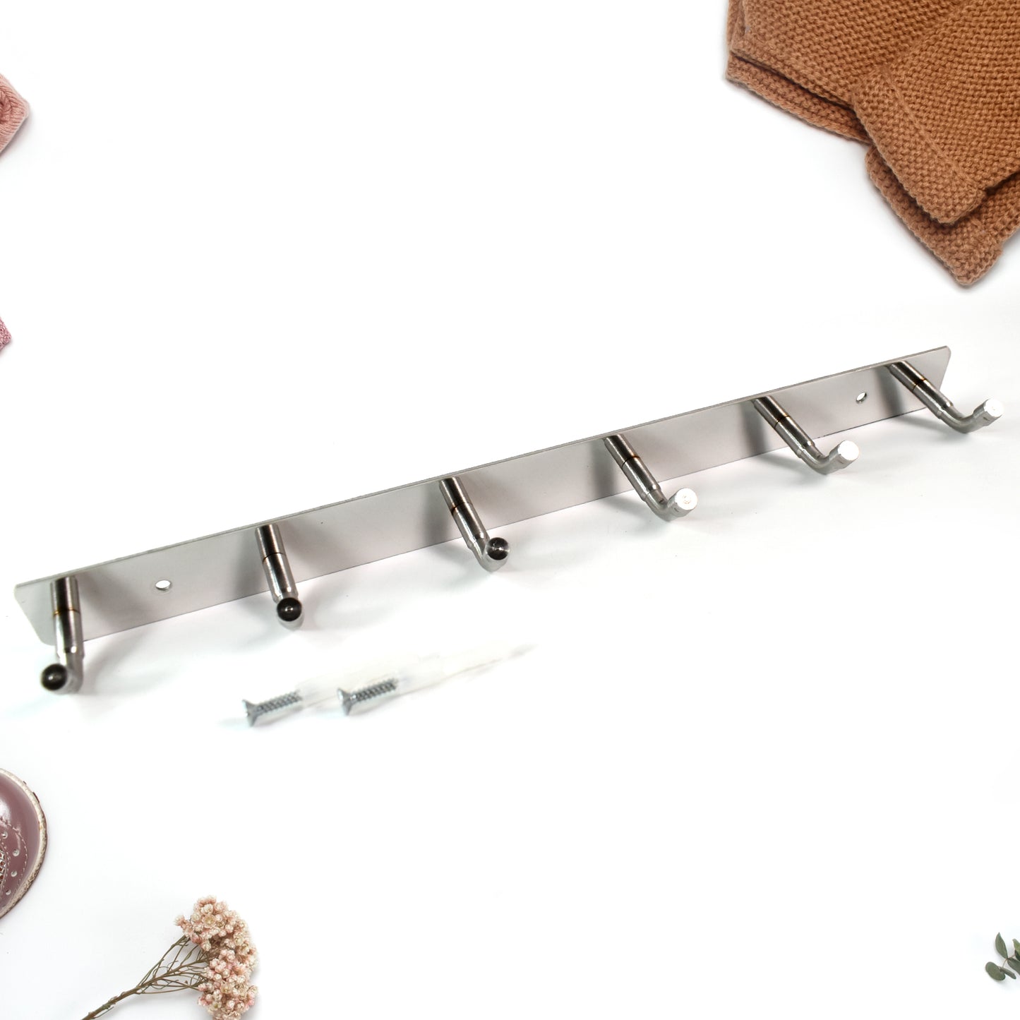 Stainless steel wall-mounted coat rack with 6 hooks, 32x3 inches, by Wukusy, ideal for home and kitchen organization.