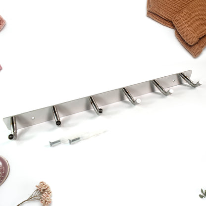 Stainless steel wall-mounted coat rack with 6 hooks, 32x3 inches, by Wukusy, ideal for home and kitchen organization.
