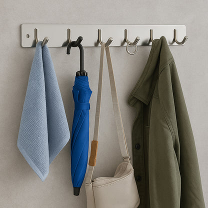 Stainless steel wall-mounted coat rack with 6 hooks, 32x3 inches, perfect for home and kitchen organization by Wukusy.
