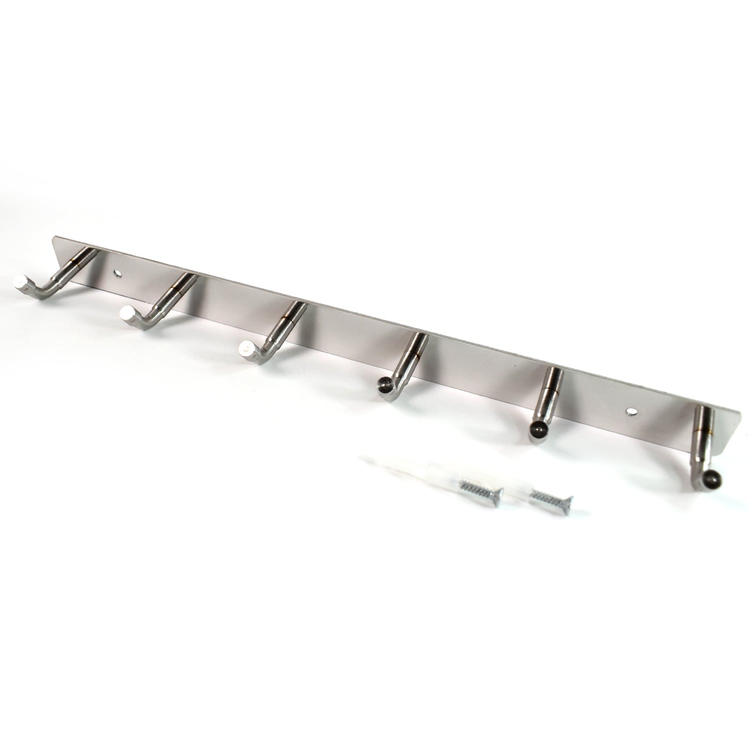 Stainless steel wall-mounted coat rack with 6 hooks, 32x3 inches, ideal for home and kitchen organization.