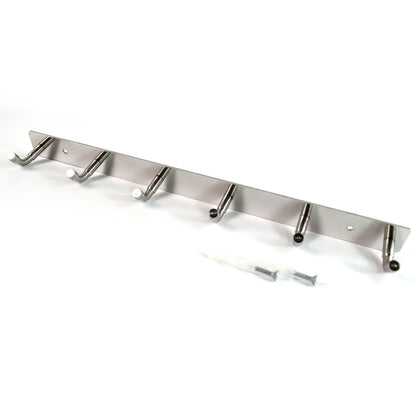 Stainless steel wall-mounted coat rack with 6 hooks, 32x3 inches, ideal for home and kitchen organization.