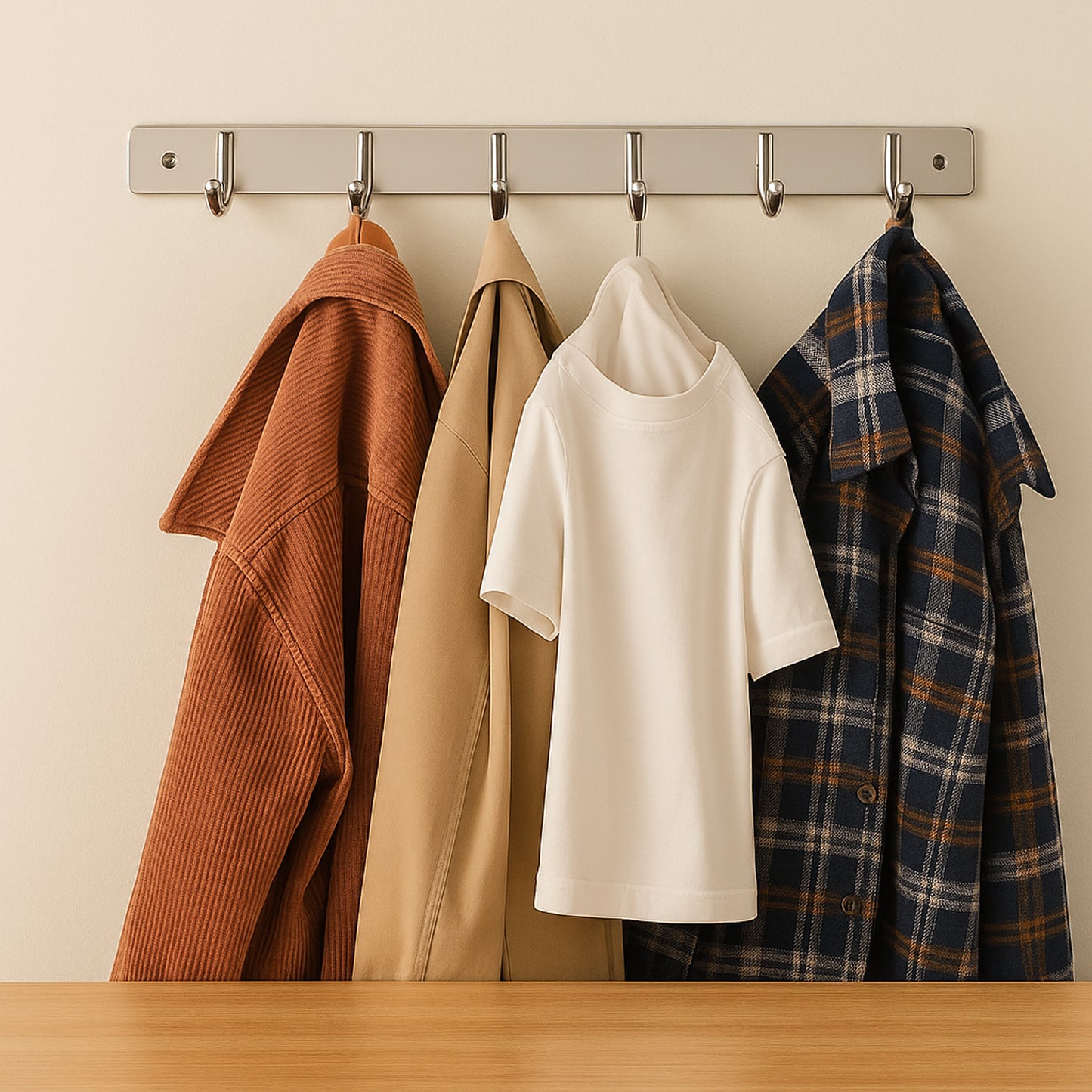 Stainless steel wall-mounted coat rack with six hooks, 32x3 inches, ideal for home entryways and kitchen organization.