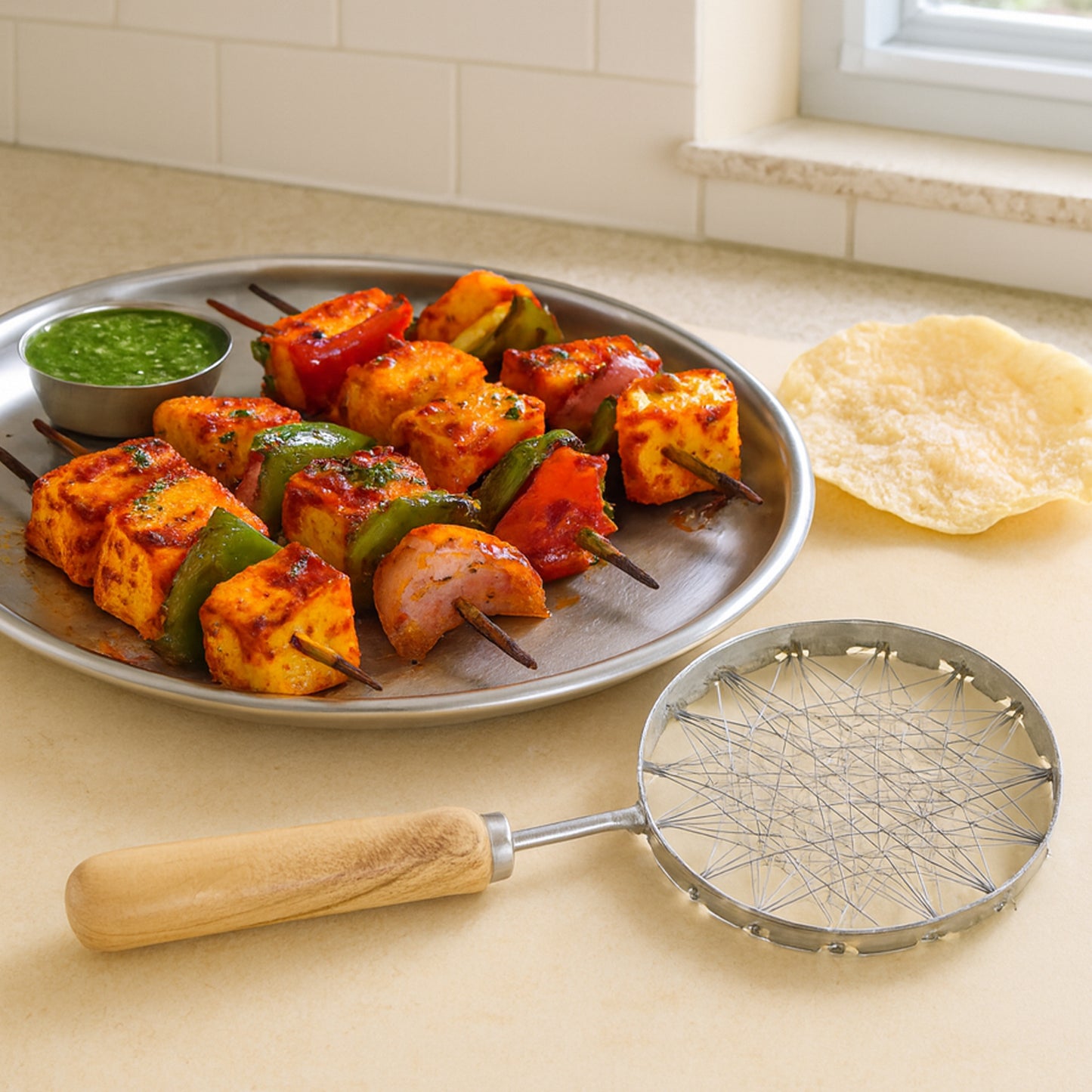 Stainless steel wire skimmer with wooden handle, ideal for kitchen cooking and straining food, by Wukusy.