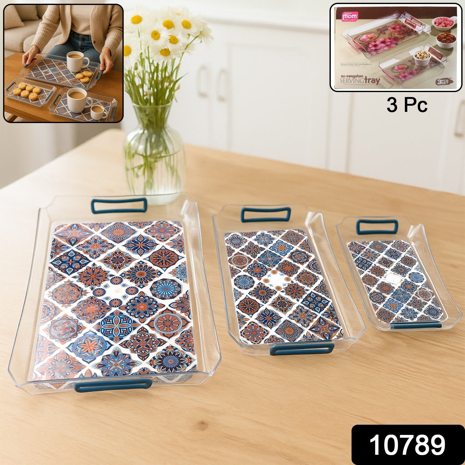 Wukusy Supermom 3-piece multipurpose serving tray set with handles, ideal for home and kitchen use, in neutral colors.
