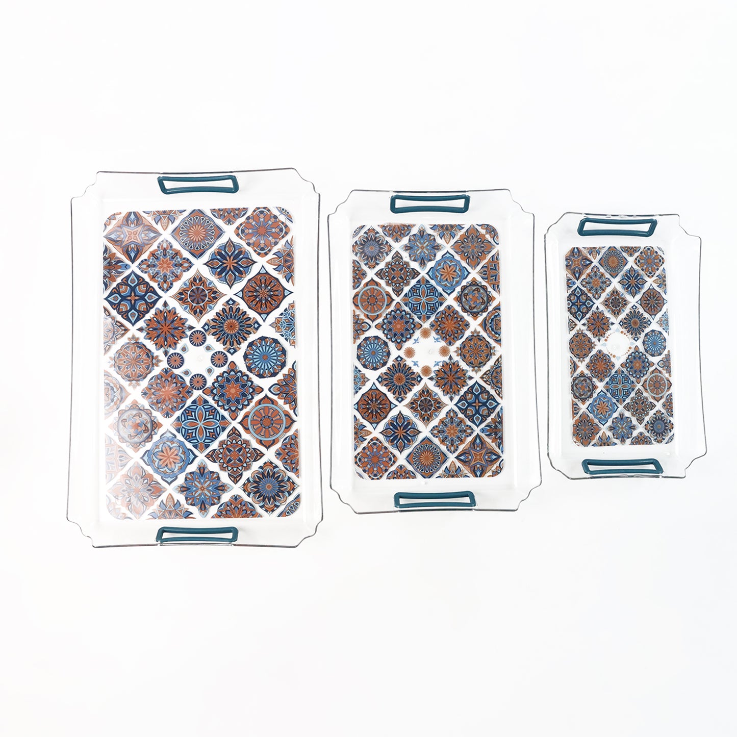 Wukusy Supermom 3-piece multipurpose serving tray set with handles, perfect for kitchen and home use, displayed on a wooden surface.