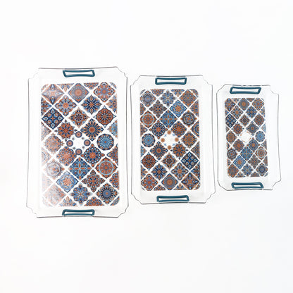Wukusy Supermom 3-piece multipurpose serving tray set with handles, perfect for kitchen and home use, displayed on a wooden surface.