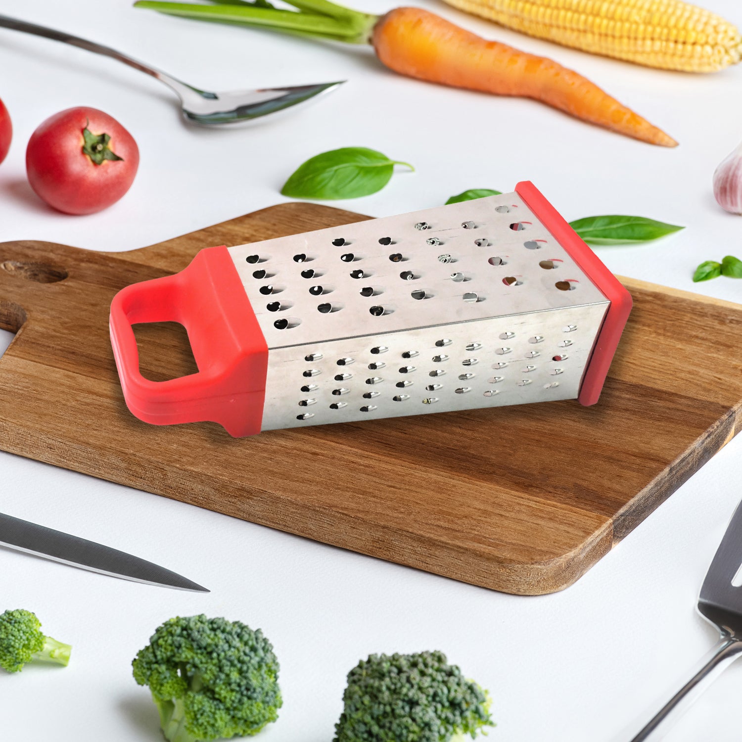 Wukusy Supermom 5-in-1 stainless steel grater and slicer for versatile kitchen prep with multiple blades and comfort grip.