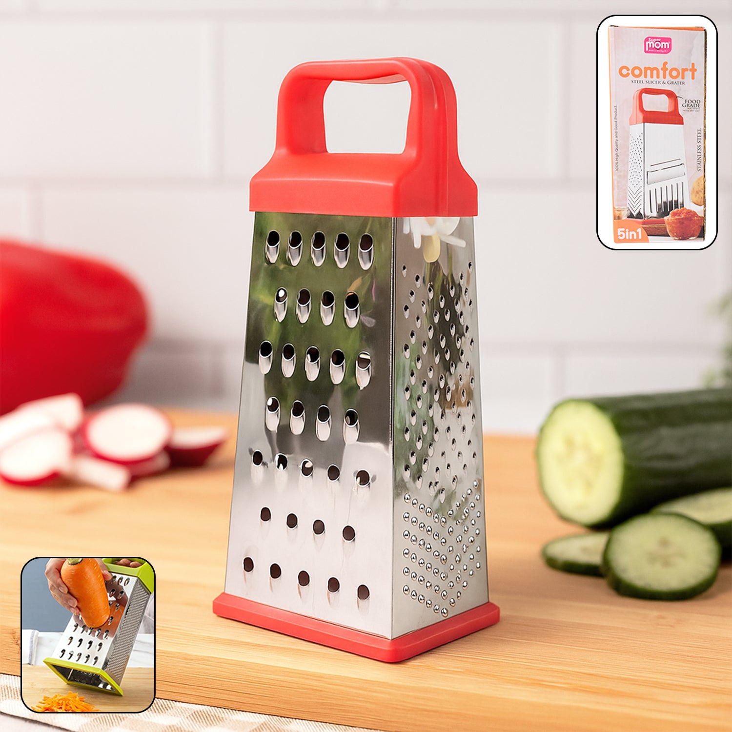 Wukusy Supermom 5-in-1 stainless steel grater and slicer with multiple blades for kitchen prep and food grating.